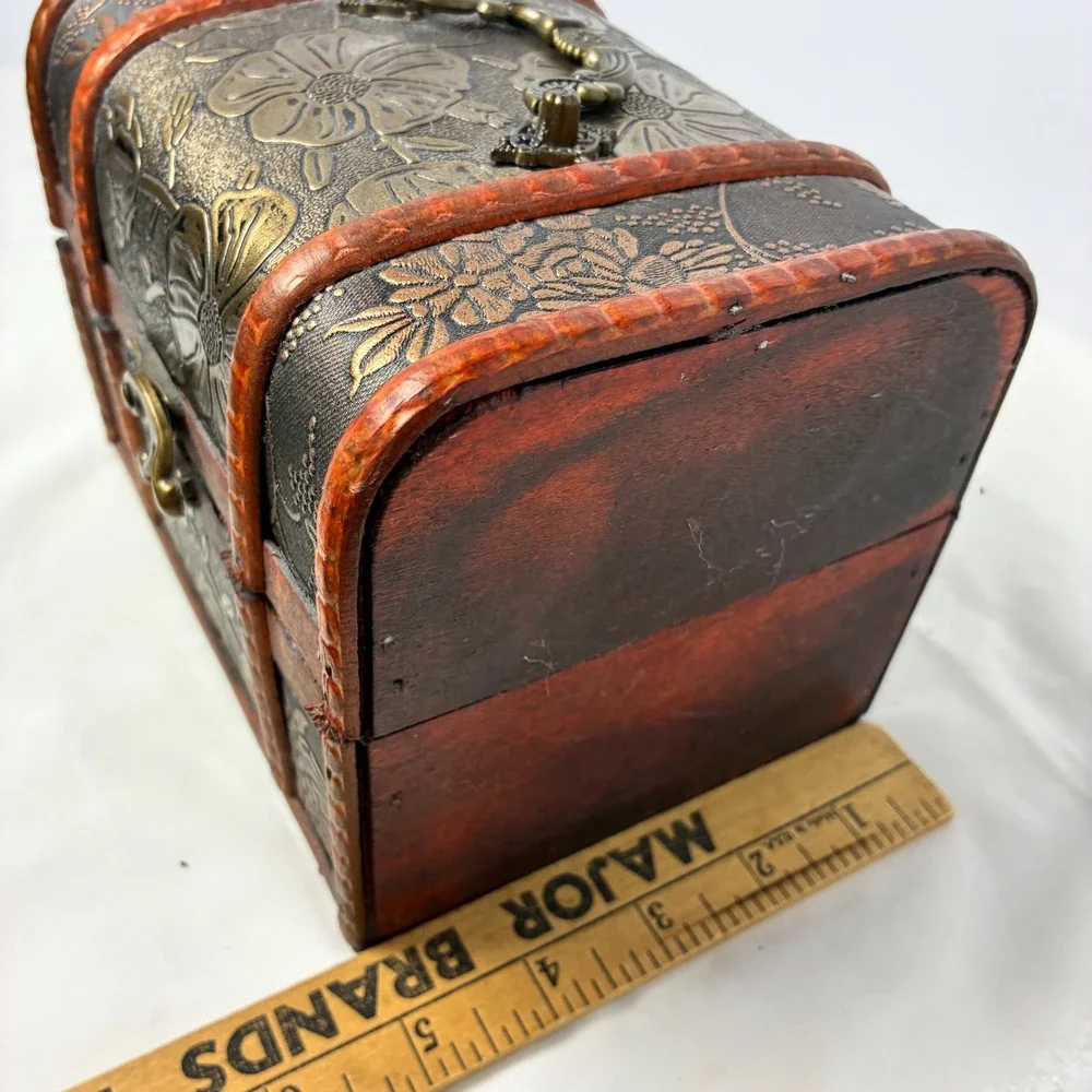 Treasure Chest Floral Embossed Wood Trunk Trinket Keepsake Box Rustic Cottage